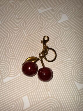 Gold Cherry Keychain with Deep Red Glitter Charms